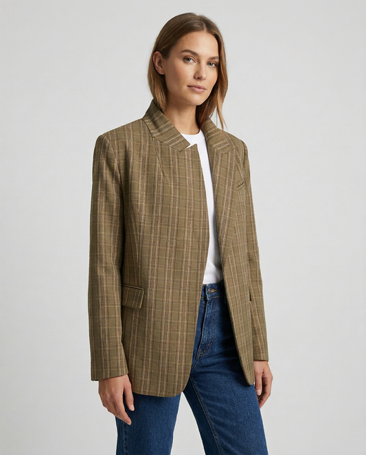 Sienna Fine Check Single Breasted Straight Cut Blazer - Light Brown