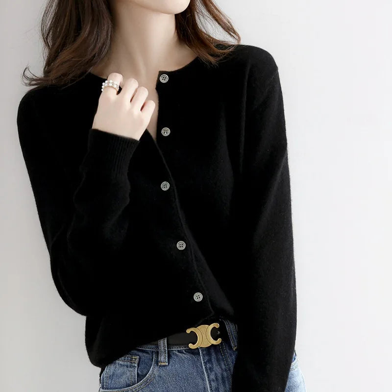 Coralie Plain Round Neck Button Front Everyday Knit Cardigan - Black