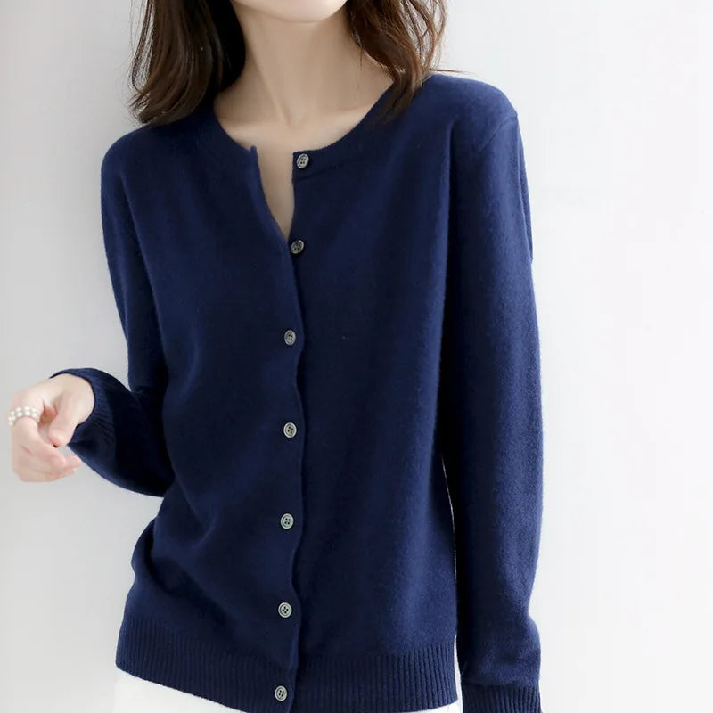Coralie Plain Round Neck Button Front Everyday Knit Cardigan - Navy Blue
