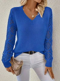 Ilse Pointelle Diamond Sleeve V Neck Fine Knit Jumper
