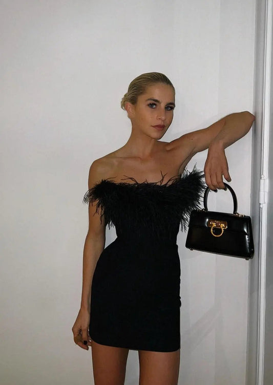 Orlaith Feather Trim Bust Strapless Fitted Bodycon Mini Dress