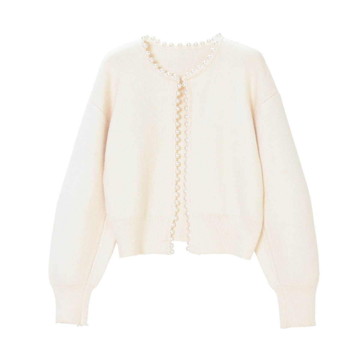 Genevieve Pearl Bead Trim Balloon Sleeve Open Knit Cardigan