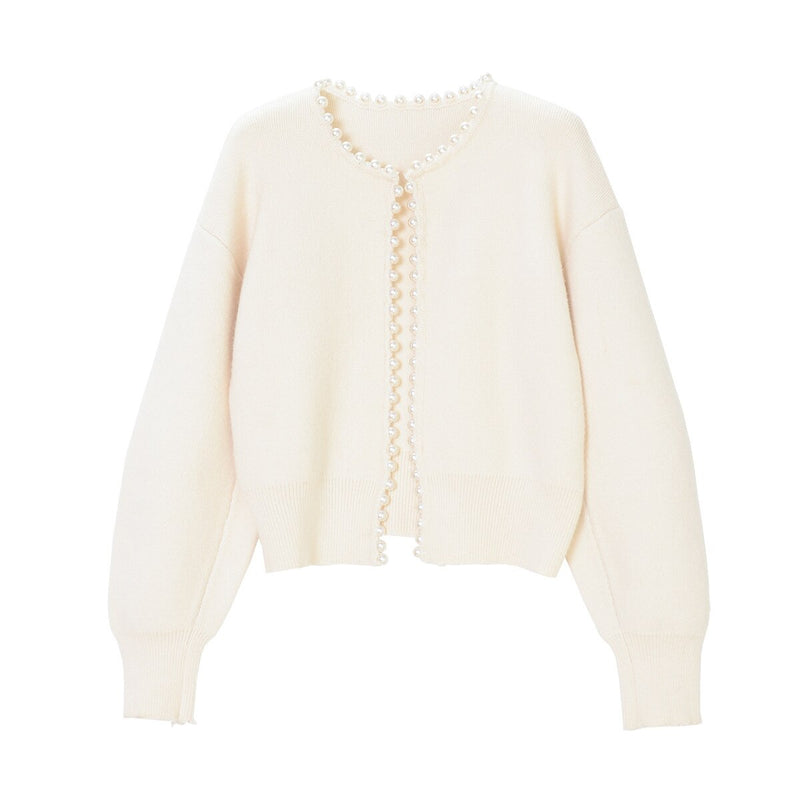 Genevieve Pearl Bead Trim Balloon Sleeve Open Knit Cardigan