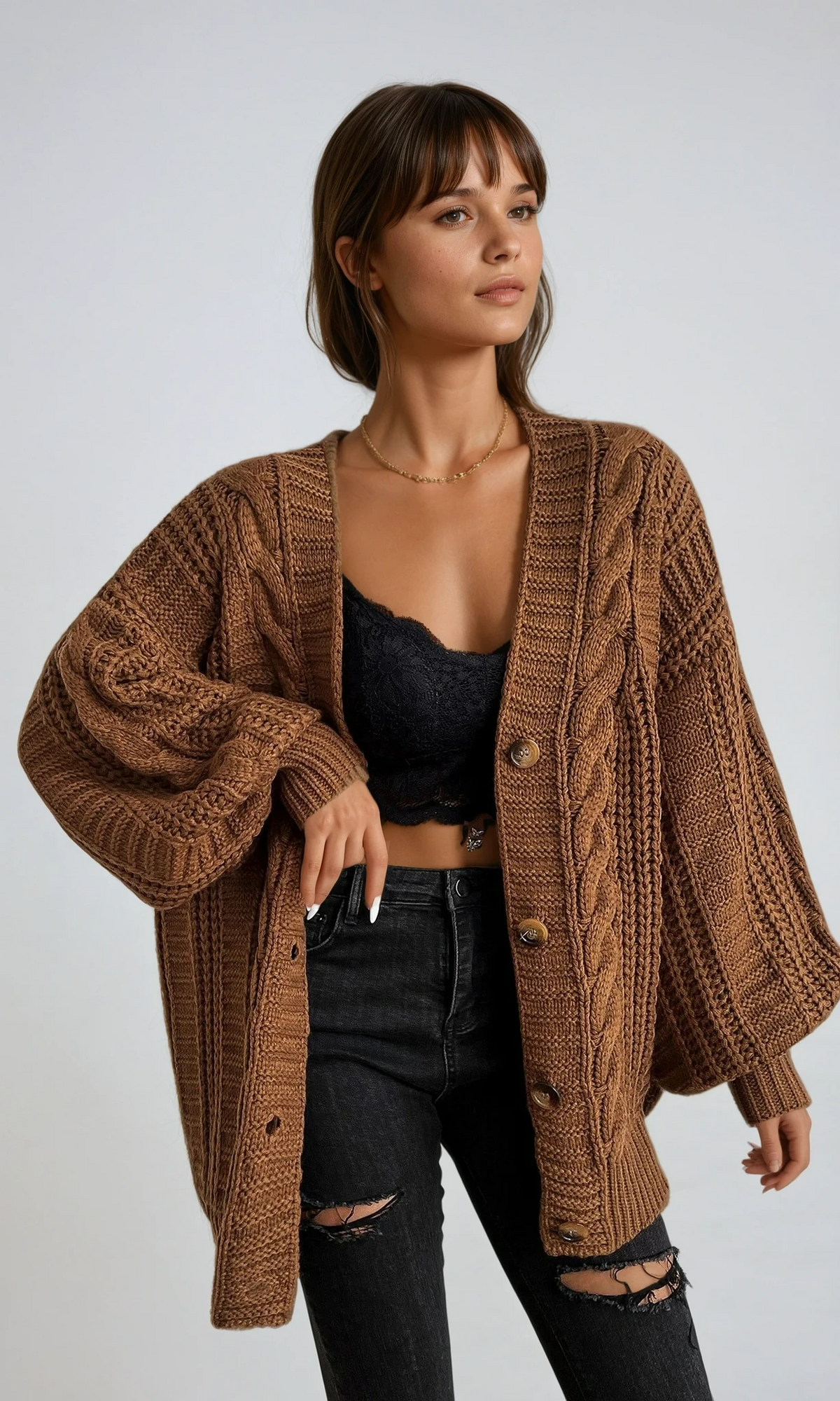 Junia Chunky Cable Batwing Sleeve Oversized Open Cardigan - Brown