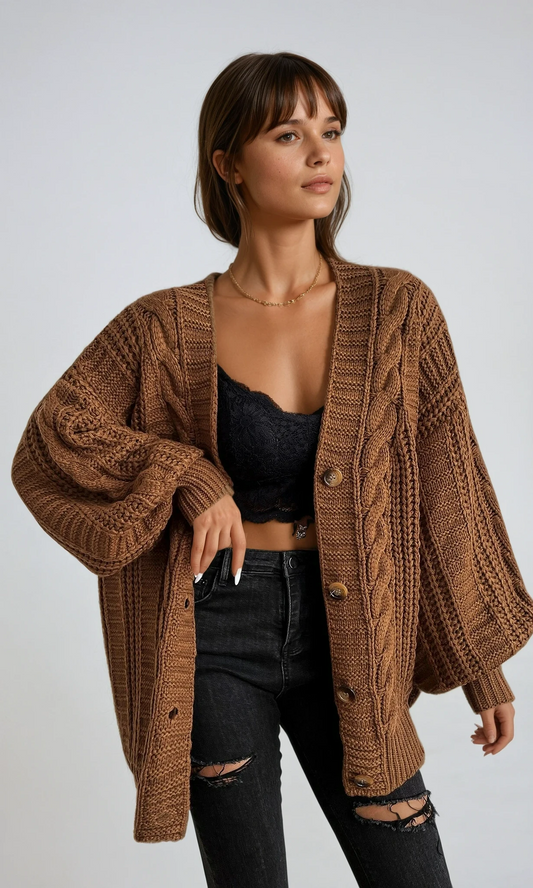 Junia Chunky Cable Batwing Sleeve Oversized Open Cardigan - Brown