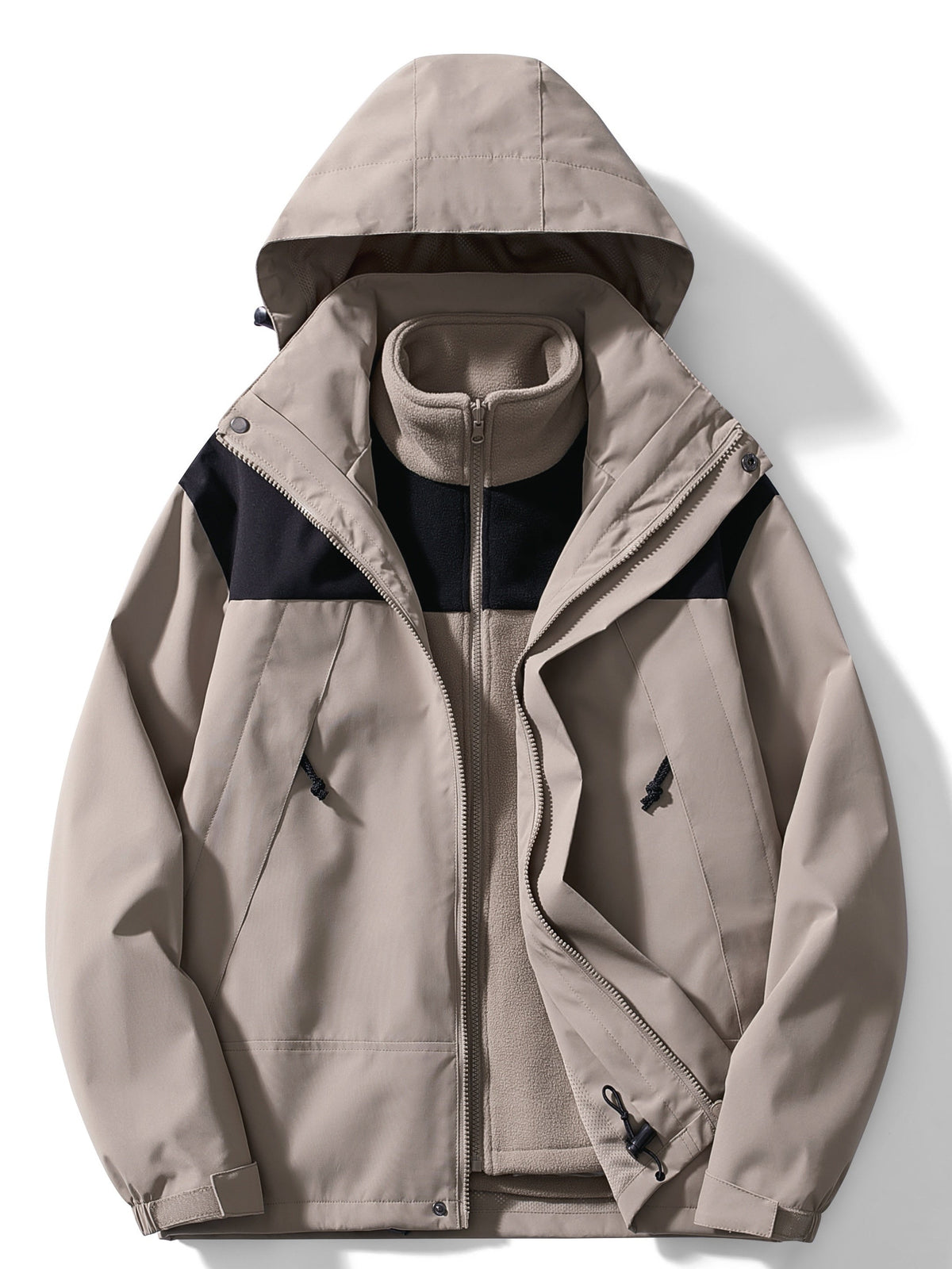 Evangeline Colour Block Hooded Zip Front Outdoor Shell Jacket - Khaki