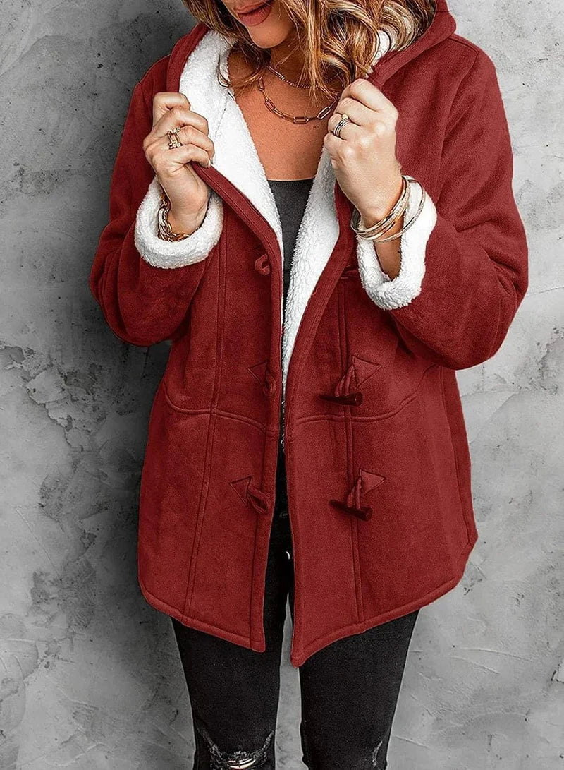 Thea Hooded Toggle Front Sherpa Lined Duffle Coat - Red