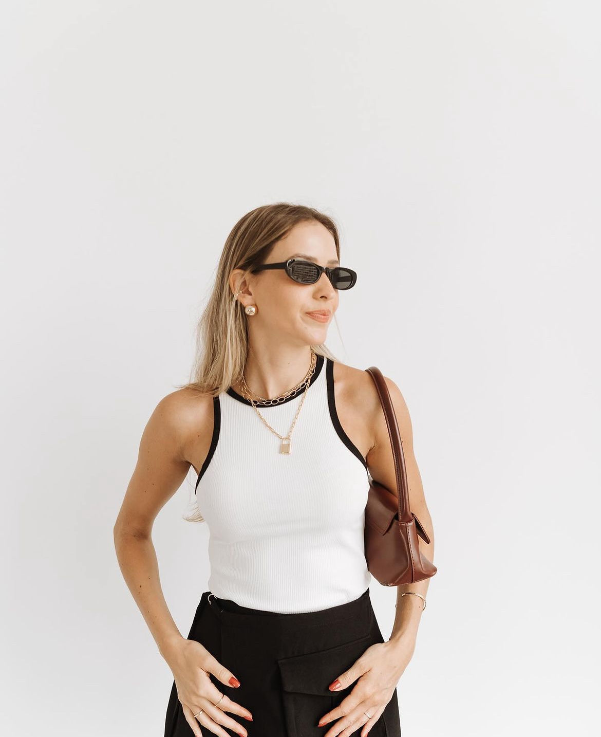 Cecilia Contrast Bound Neck Racer Fitted Rib Vest Tank Top
