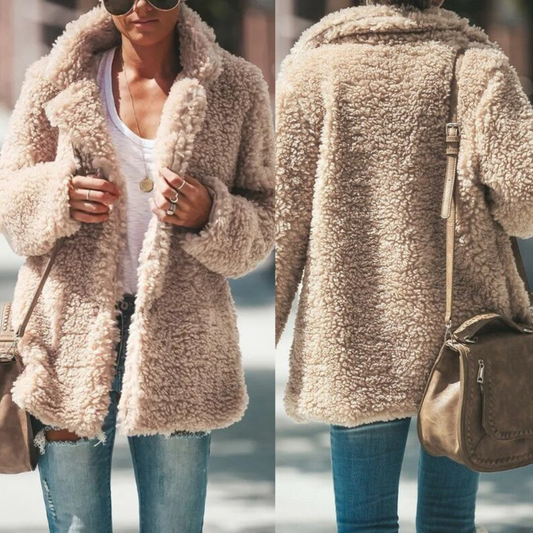 Valentina Curly Teddy Texture Open Front Boxy Short Coat - Beige