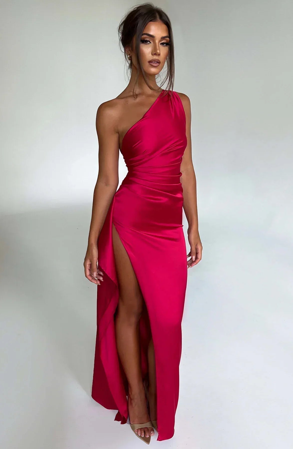 Alba One Shoulder Ruched Waist High Split Satin Maxi Dress - Red