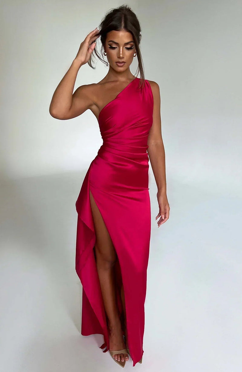 Alba One Shoulder Ruched Waist High Split Satin Maxi Dress