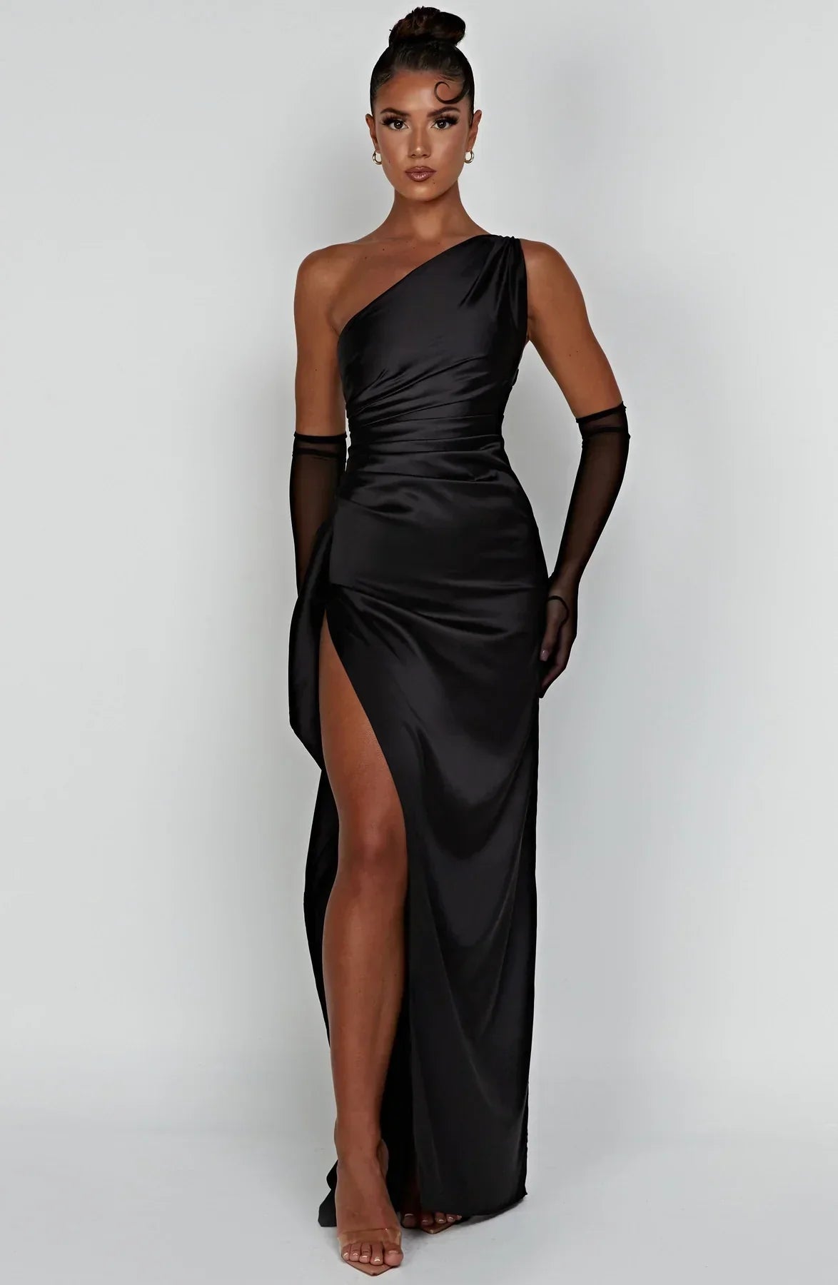 Alba One Shoulder Ruched Waist High Split Satin Maxi Dress - Black