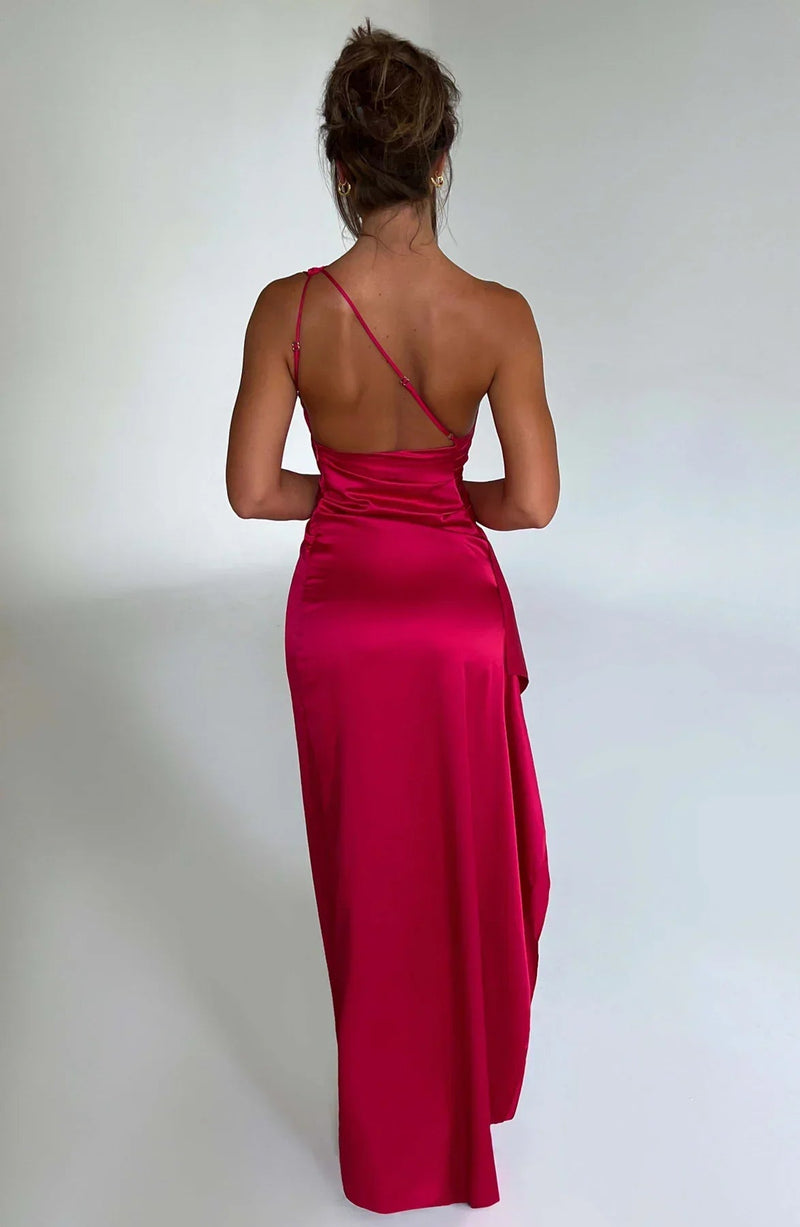 Alba One Shoulder Ruched Waist High Split Satin Maxi Dress