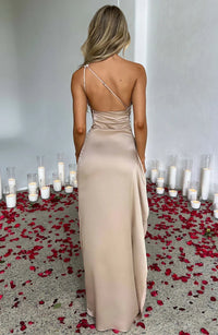 Alba One Shoulder Ruched Waist High Split Satin Maxi Dress