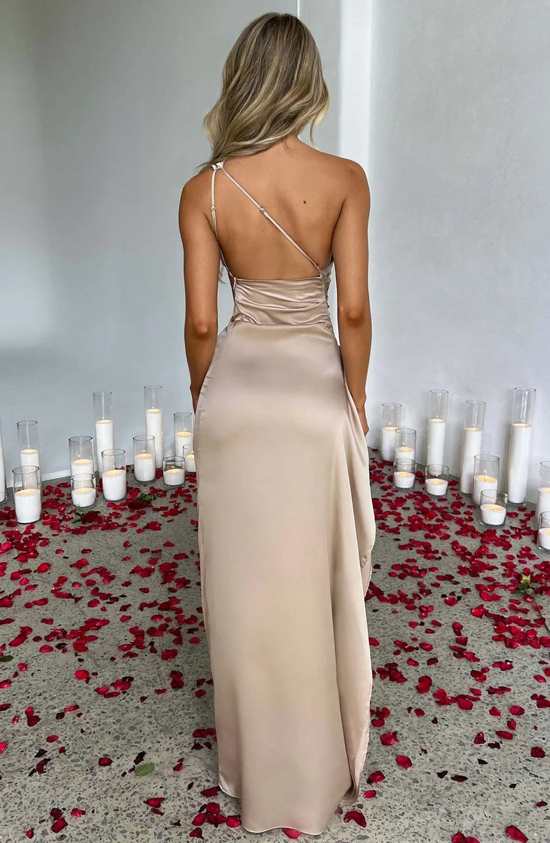 Alba One Shoulder Ruched Waist High Split Satin Maxi Dress