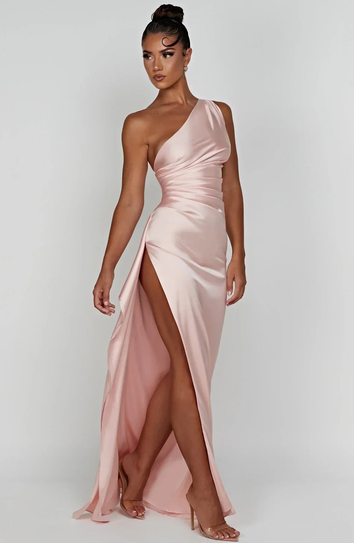 Alba One Shoulder Ruched Waist High Split Satin Maxi Dress