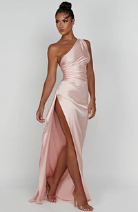 Alba One Shoulder Ruched Waist High Split Satin Maxi Dress