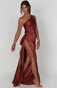 Alba One Shoulder Ruched Waist High Split Satin Maxi Dress