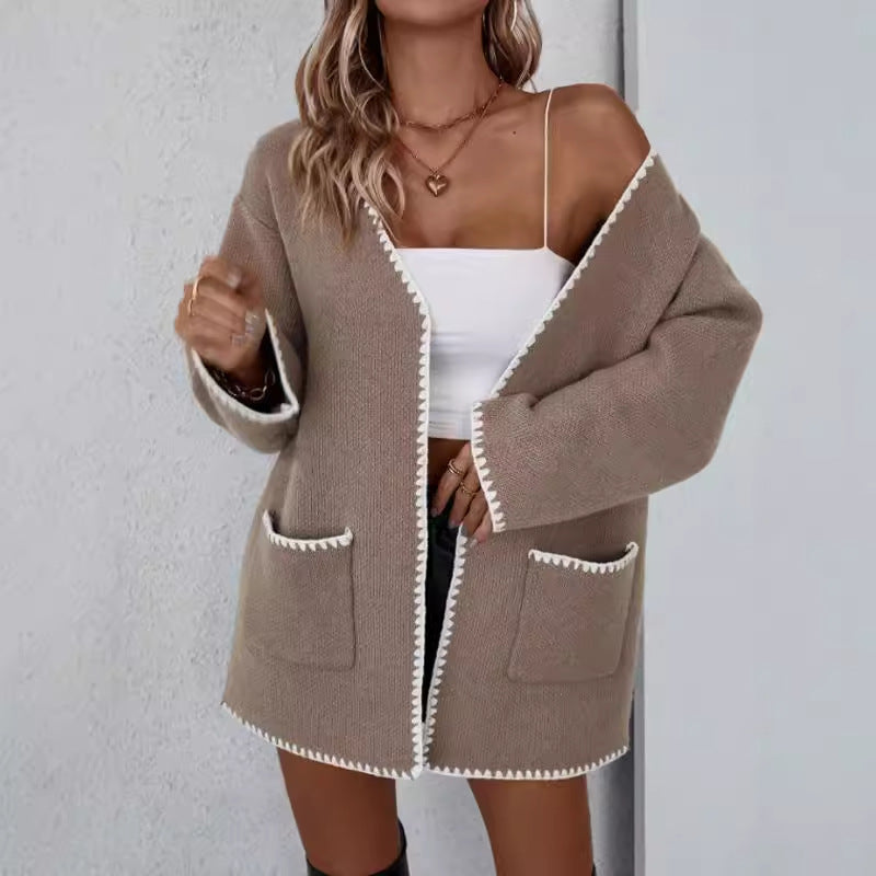 Zinnia Contrast Whip Stitch Patch Pocket Open Knit Cardigan - Camel
