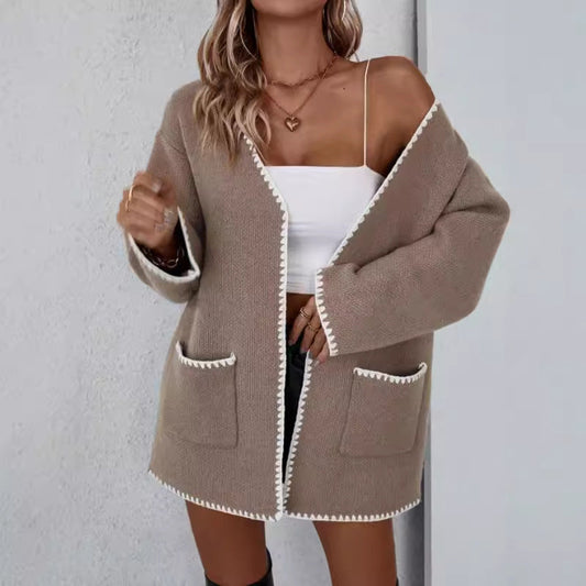 Zinnia Contrast Whip Stitch Patch Pocket Open Knit Cardigan - Camel