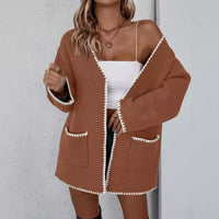 Zinnia Contrast Whip Stitch Patch Pocket Open Knit Cardigan