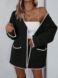 Zinnia Contrast Whip Stitch Patch Pocket Open Knit Cardigan
