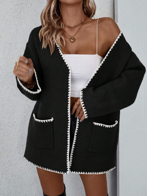 Zinnia Contrast Whip Stitch Patch Pocket Open Knit Cardigan