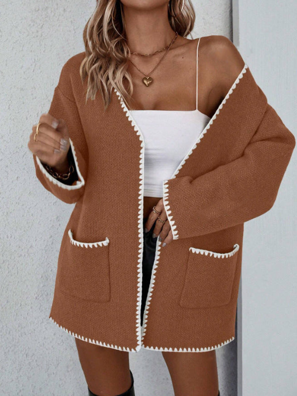 Zinnia Contrast Whip Stitch Patch Pocket Open Knit Cardigan