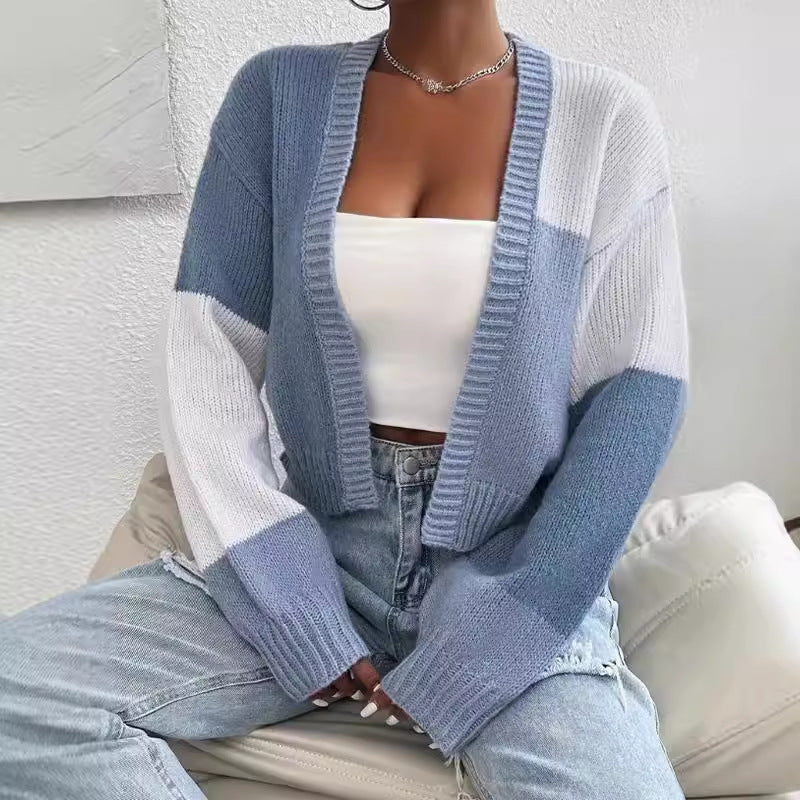 Blythe Colour Block Panel Open Front Cropped Knit Cardigan - Sky Blue