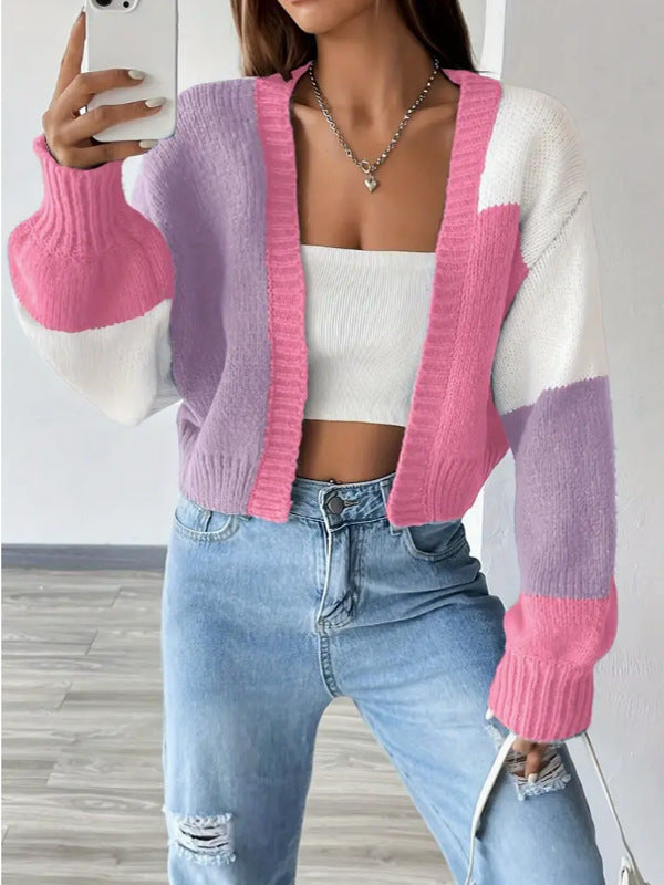Blythe Colour Block Panel Open Front Cropped Knit Cardigan