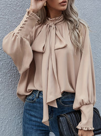 Yvonne Pussy Bow Tie Neck Blouson Sleeve Keyhole Back Blouse