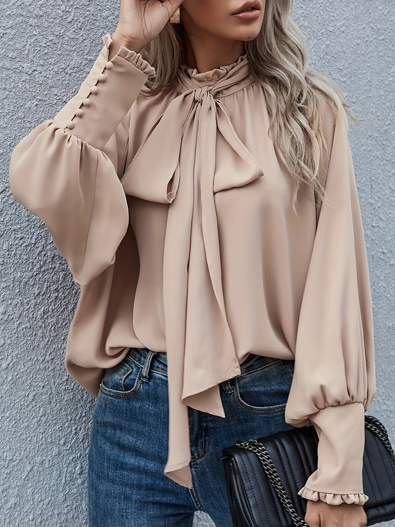 Yvonne Pussy Bow Tie Neck Blouson Sleeve Keyhole Back Blouse