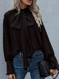 Yvonne Pussy Bow Tie Neck Blouson Sleeve Keyhole Back Blouse