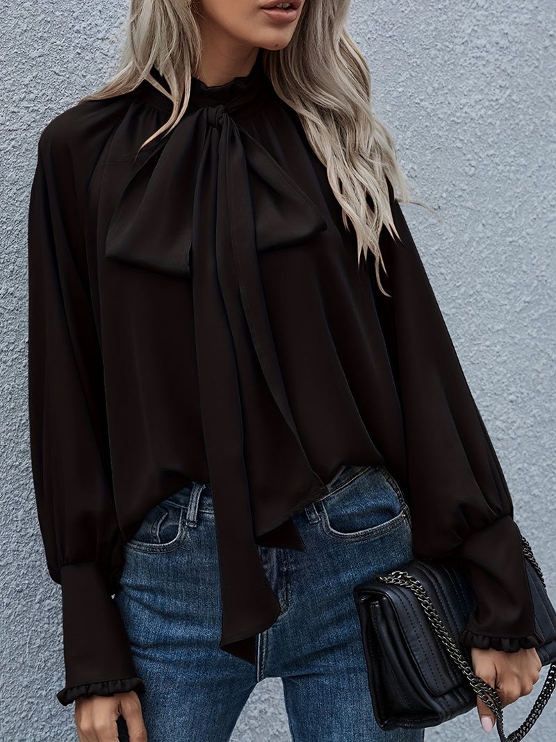 Yvonne Pussy Bow Tie Neck Blouson Sleeve Keyhole Back Blouse