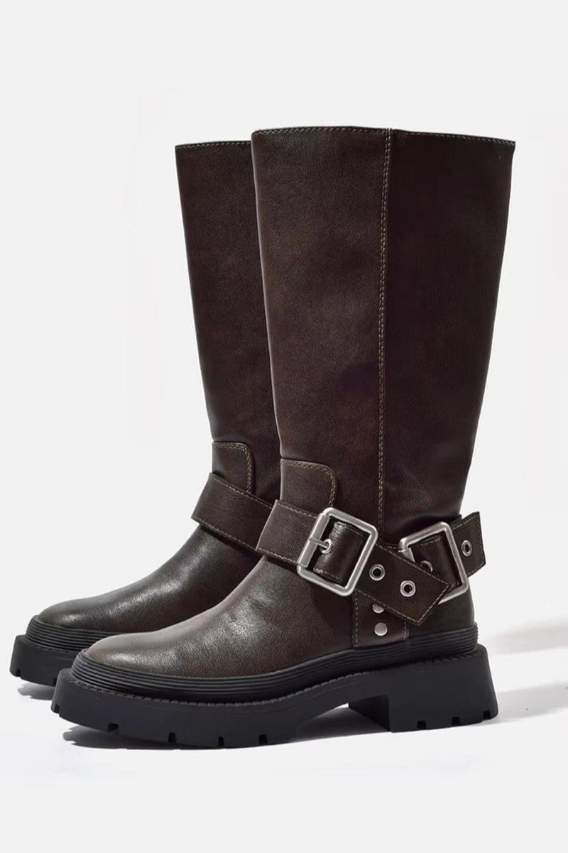 Wilhelmine Double Buckle Knee High Chunky Lug Sole Biker Boots