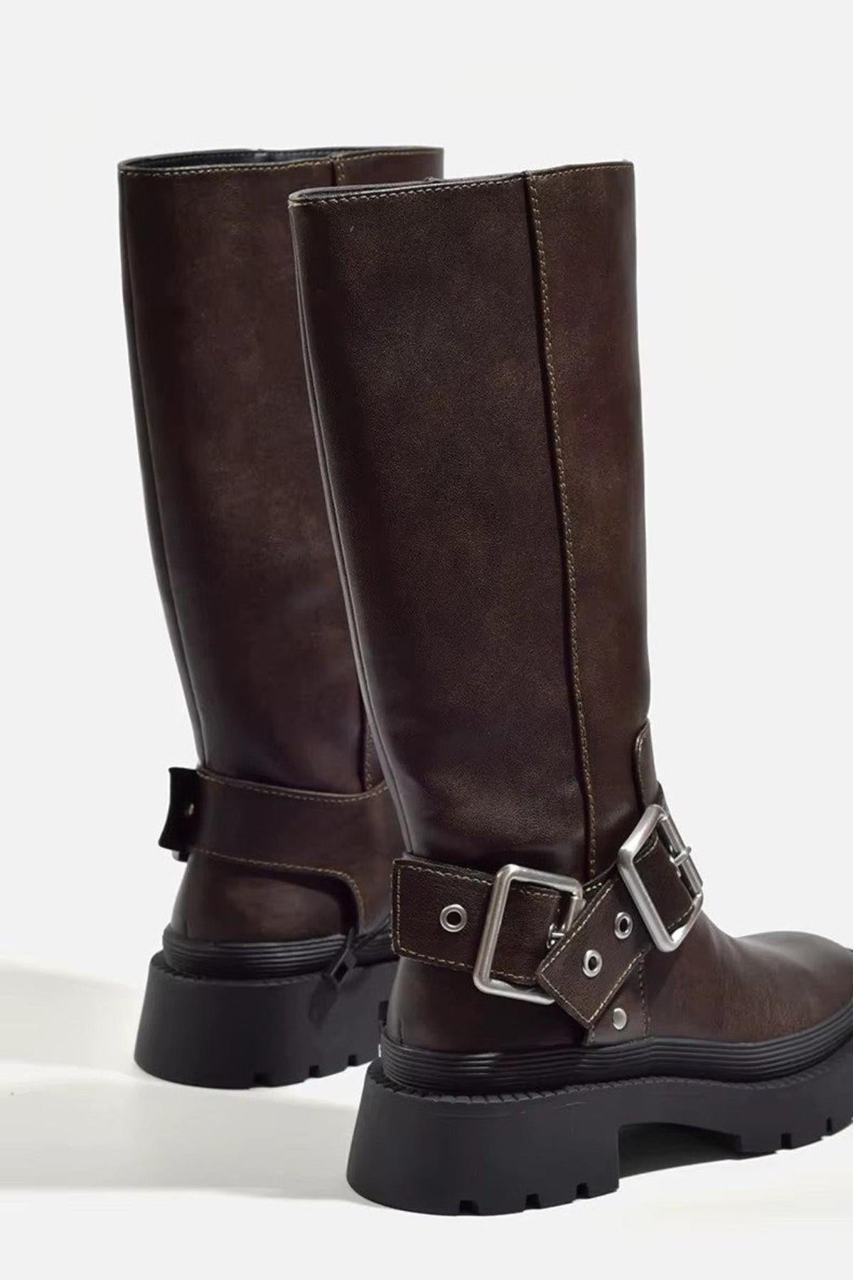 Wilhelmine Double Buckle Knee High Chunky Lug Sole Biker Boots