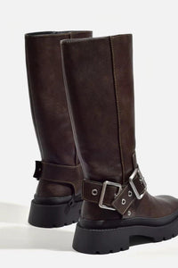 Wilhelmine Double Buckle Knee High Chunky Lug Sole Biker Boots