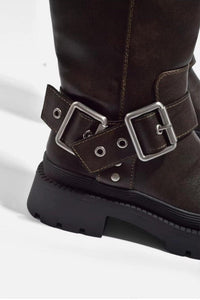 Wilhelmine Double Buckle Knee High Chunky Lug Sole Biker Boots