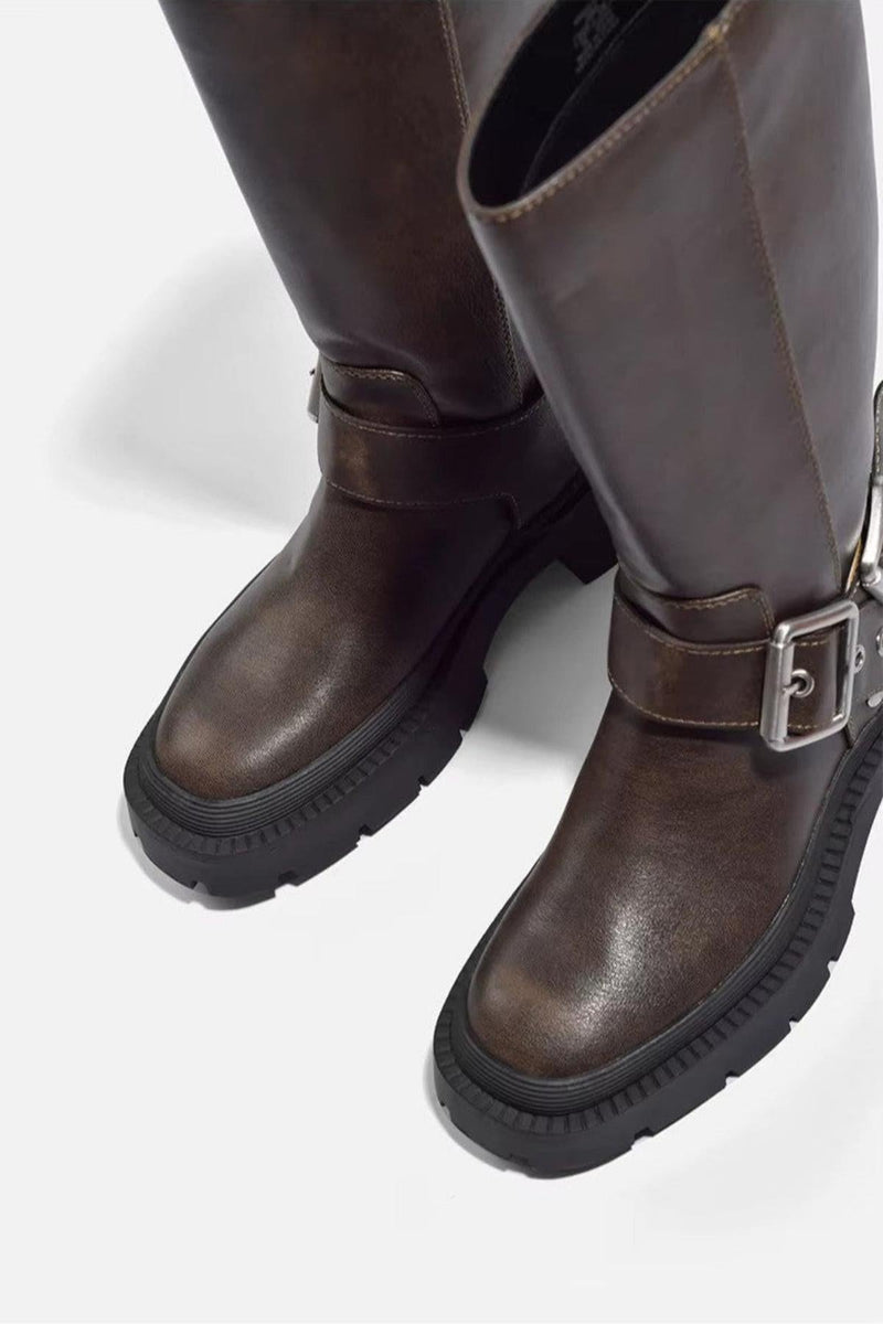 Wilhelmine Double Buckle Knee High Chunky Lug Sole Biker Boots
