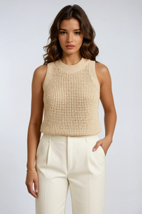 Bernadine Open Crochet Knit High Neck Sleeveless Boxy Vest Top