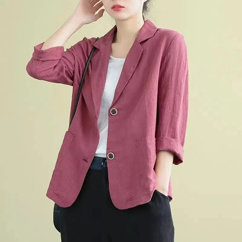 Belle Two Button Slub Texture Relaxed Everyday Blazer - Dark Pink