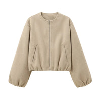 Noelle Cropped Zip Front Ribbed Hem Bomber Jacket