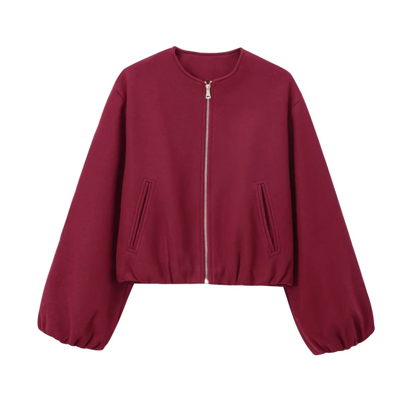 Noelle Cropped Zip Front Ribbed Hem Bomber Jacket