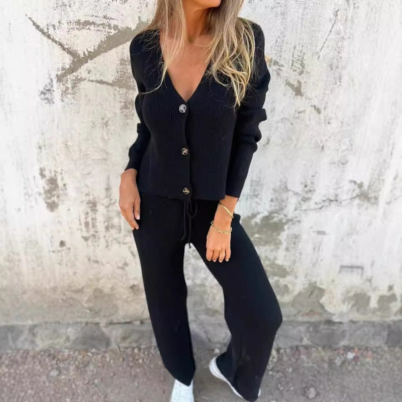 Dahlia Button Front Knit Cardigan and Wide Trouser Set