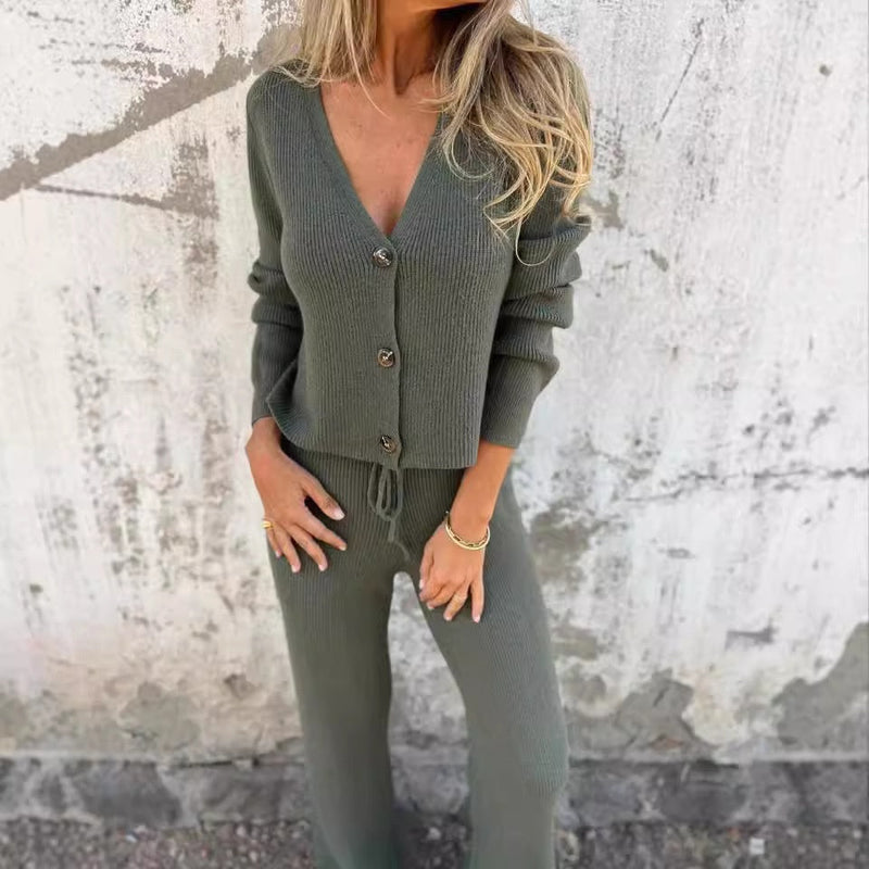 Dahlia Button Front Knit Cardigan and Wide Trouser Set