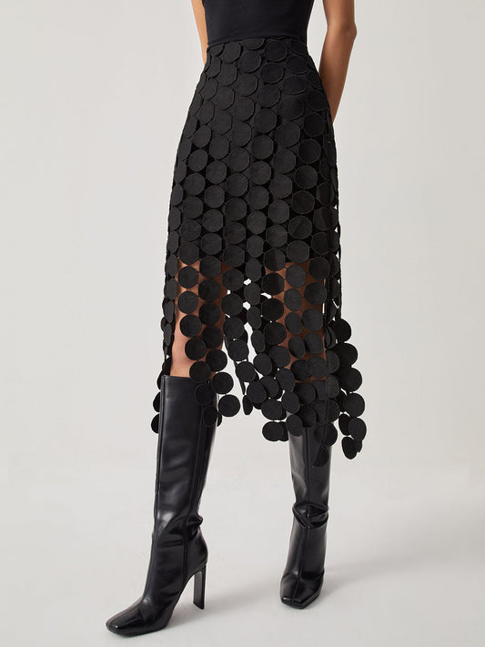 Monique Linked Disc Panel Open Weave Occasion Midi Skirt - Black