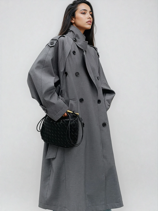 Aurora Storm Flap Belted Double Breasted Long Trench Coat - Gray