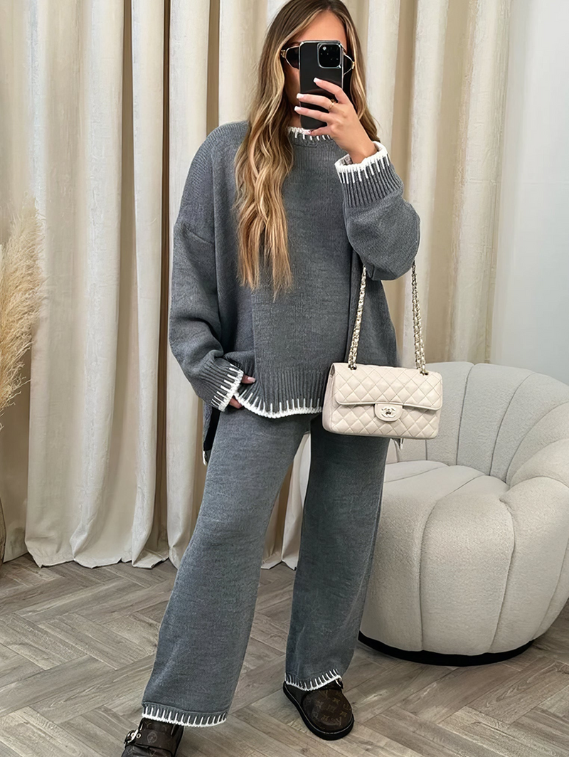 Una Contrast Stitch Edge Knit and Wide Trouser Set
