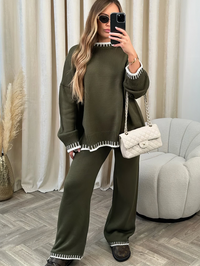 Una Contrast Stitch Edge Knit and Wide Trouser Set