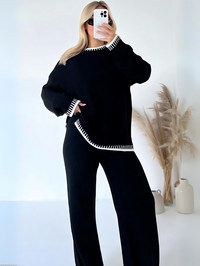 Una Contrast Stitch Edge Knit and Wide Trouser Set